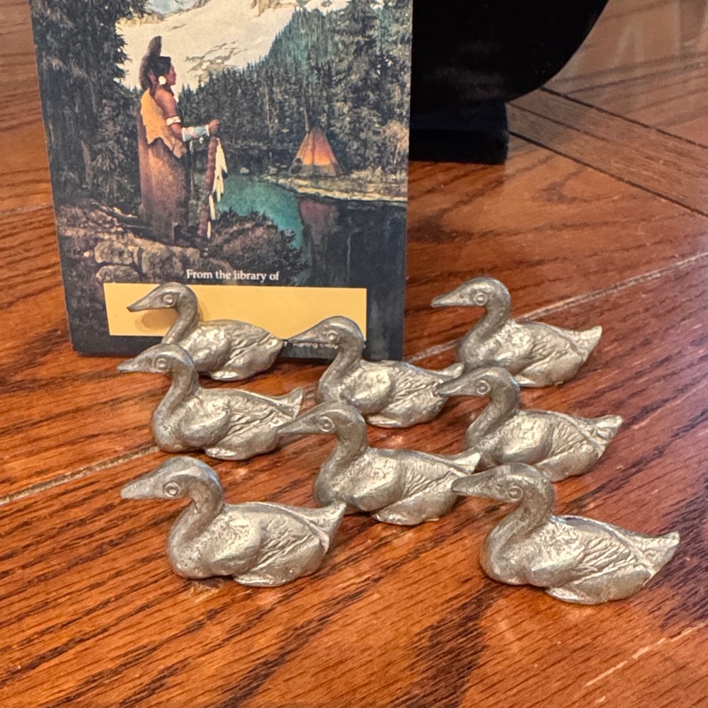 Vintage Miniature Pewter Duck Table Place Holder Figurines Set of 8